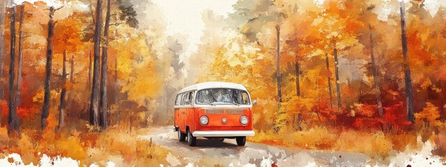 Obraz premium Experience the Essence of Autumn: A Vintage Van on a Serene Forest Drive