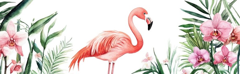 Fototapeta premium Vibrant Watercolor Illustration of a Flamingo Surrounded by Tropical Flora and Orchids