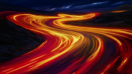 Fiery light trails creating dynamic curves along a winding road at night, illuminating the landscape with vibrant motion and energy