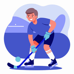 Obraz premium Boy playing field hockey with stick in flat vector illustration