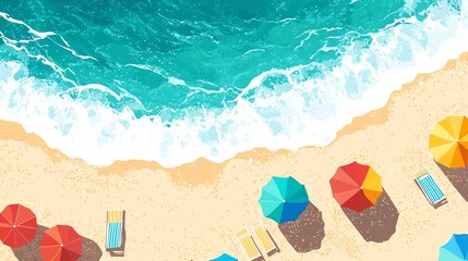 Aerial View of Beach Umbrellas and Chairs by the Ocean