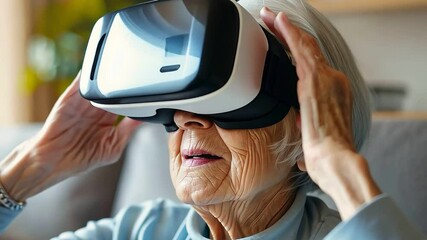 Senior woman lifestyle at home with modern technology concept. Elder woman wearing virtual reality headset for therapy by metaverse tech online. 