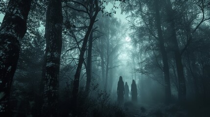 Hooded figures move silently through a misty forest, illuminated only by the moon's light. The thick fog and dark trees create a mysterious and ominous environment, suggesting secrecy and hidden