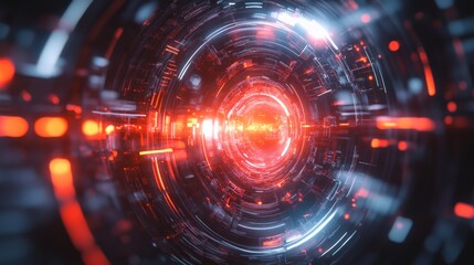 Obraz premium Futuristic digital technology interface with glowing red and blue lights, perfect for tech-related concepts and backgrounds.