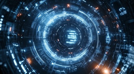Obraz premium Futuristic digital tunnel with glowing blue and orange lights, representing technology and data flow in a sci-fi environment.