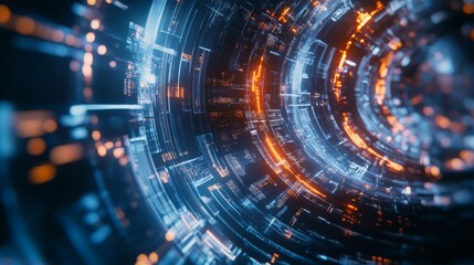 Obraz premium Futuristic digital tunnel with glowing lights in blue and orange hues representing high-tech data and network pathways.