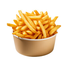 Golden crispy French fries in a serving container on black background