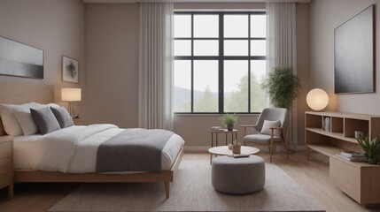 Fototapeta premium A bedroom interior design concept image, off-white bedroom interior template.