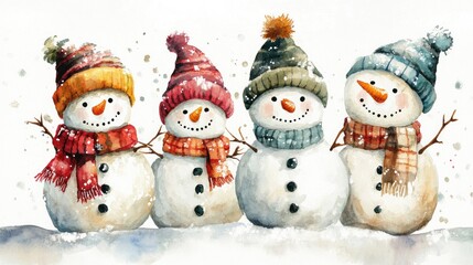 Charming Watercolor Snowmen Celebrate Winter Whimsy in a Joyful Holiday Scene