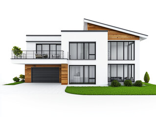 Modern architectural design of a stylish house with green lawn