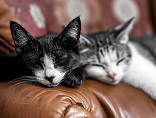 Adorable Cat and Kitten Snuggled on a Couch