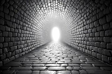 A dark tunnel with a bright light at the end, emphasizing a journey or transformation.