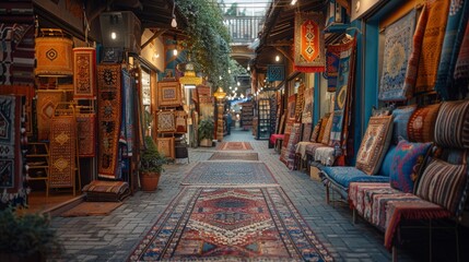 Obraz premium Variety of the gorgeous oriental carpets in traditional carpet store in Middle East. Pile of beautiful handmade carpets on the traditional Middle East market bazaar.