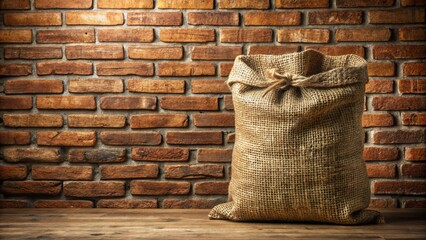 Rustic coffee sack on old brown brick wall background