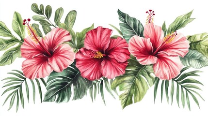 Vibrant Watercolor Hibiscus Flowers: A Tropical Floral Arrangement for Home Decor