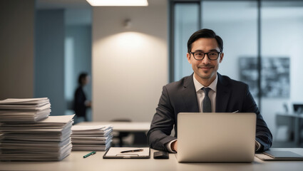 Fototapeta premium Accountant in glasses and suit at workplace.