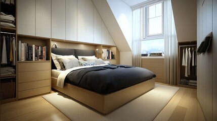 A modern attic bedroom with a loft-style design. 