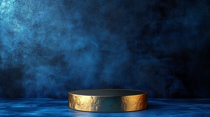 Gold and black podium on a blue textured background.