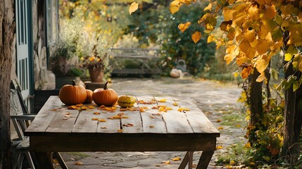 Rustic wooden table with pumpkins and autumn leaves in a peaceful garden, autumn, tranquility.