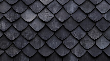 A detailed closeup view of a weathered clay black tile roof showcasing richly textured surfaces