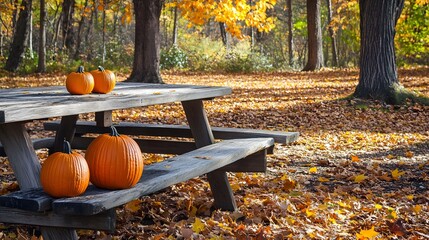 Serene picnic area with pumpkins and autumn leaves, gentle breeze, autumn, tranquility.