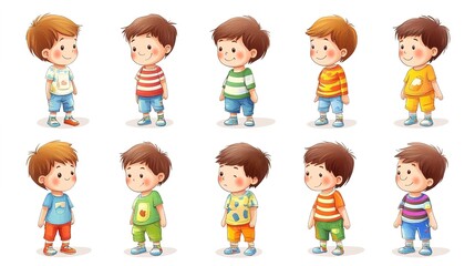 Set of 9 cartoon-style photos featuring a little boy in colorful outfits. Each photo showcases the boy in various playful poses and expressions, 