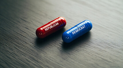 Red Republican Pill & Blue Democrat Pill On A Desk