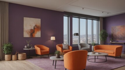 High-resolution purple wall living room with orange sofa set interior design images, and empty interior mock-up templates.