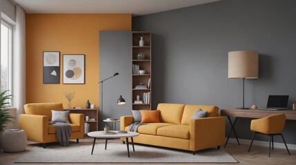 High-resolution yellow colour theme living room interior design images, empty interior mock-up templates.