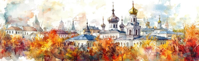 Obraz premium Captivating Watercolor Cityscape: Autumn Serenity in Historical Architecture