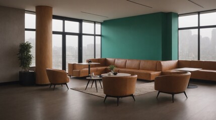 A beautiful living room with an orange sofa's interior design, An empty interior room mockup template design.