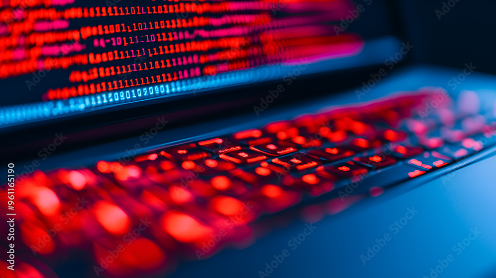 Wall mural red backlit keyboard with blurred code in the background