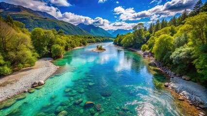 A Wide And Open Riverbed With Clear Blue Water, Surrounded By A Lush Green Landscape.