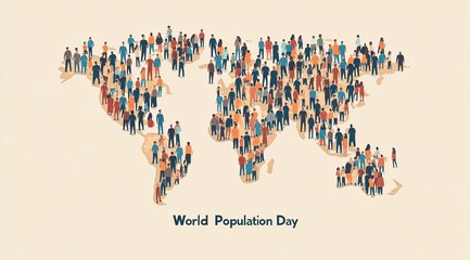 World Population Day Concept with World Map Made of People Silhouettes and Poster Design Template