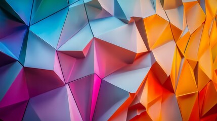 Vibrant geometric abstract background with colorful triangular shapes creating a dynamic and visually engaging pattern.