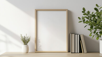 Wooden photo frame mock up with books  on the wall shelf background