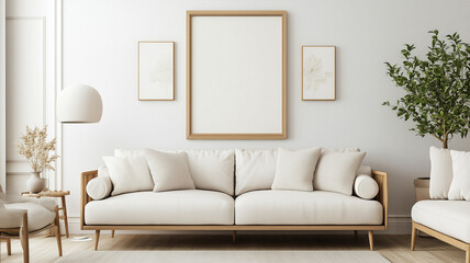 Minimalist living room wall photo frame mock up background