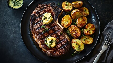 Grilled Steak with Roasted Potatoes and Herb Butter on Black Plate
