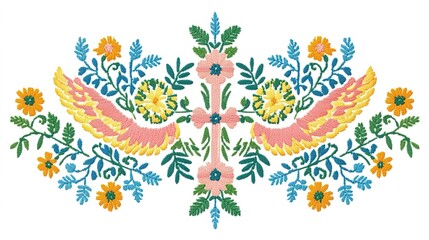 Naklejka premium Symmetric Ukrainian embroidery pattern featuring a cross, angel wings, and a wreath of laurel or olive branch. 