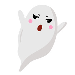 Vector halloween cartoon ghost with funny scary face emotion. Flying phantoms. Halloween white poltergeist isolated on white background