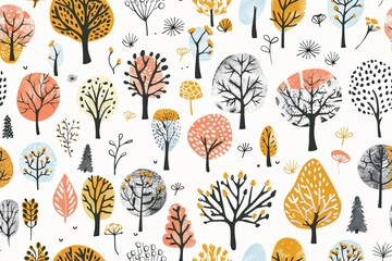 Abstract autumn forest pattern. Many colorful stylized trees and plants on a white background.