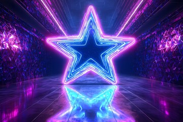 Fototapeta premium Vibrant neon star glowing in a futuristic corridor.
