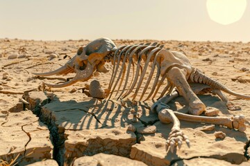 Fototapeta premium An elephant skeleton decomposing on parched ground