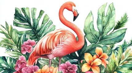 Vibrant Watercolor Flamingo Among Exotic Tropical Plants and Flowers