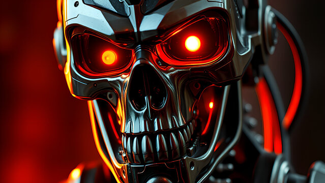 close up on face portrait of endoskeleton of terminator cybernetic machine soldier with titanium skull and red glowing mechanical eyes