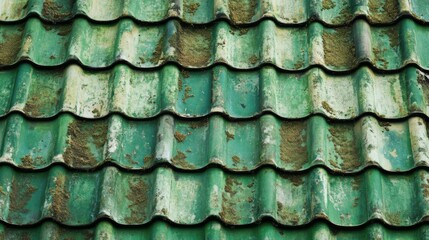 Fototapeta premium A detailed closeup view of a weathered clay old green tile roof showcasing richly textured surfaces