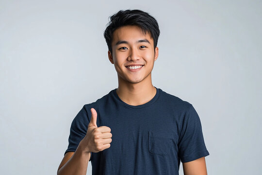 Asian man with a thumbs-up gesture smiling and standing on a white background 
