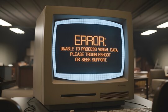 A cinematic shot of a large, old-fashioned computer monitor displaying an error message 