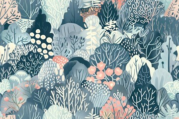 Abstract forest illustration. Seamless pattern of stylized trees, bushes, and flowers in muted blues, pinks, and creams.