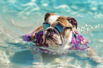 A pug dog in a Hawaiian shirt and sunglasses playing in the water